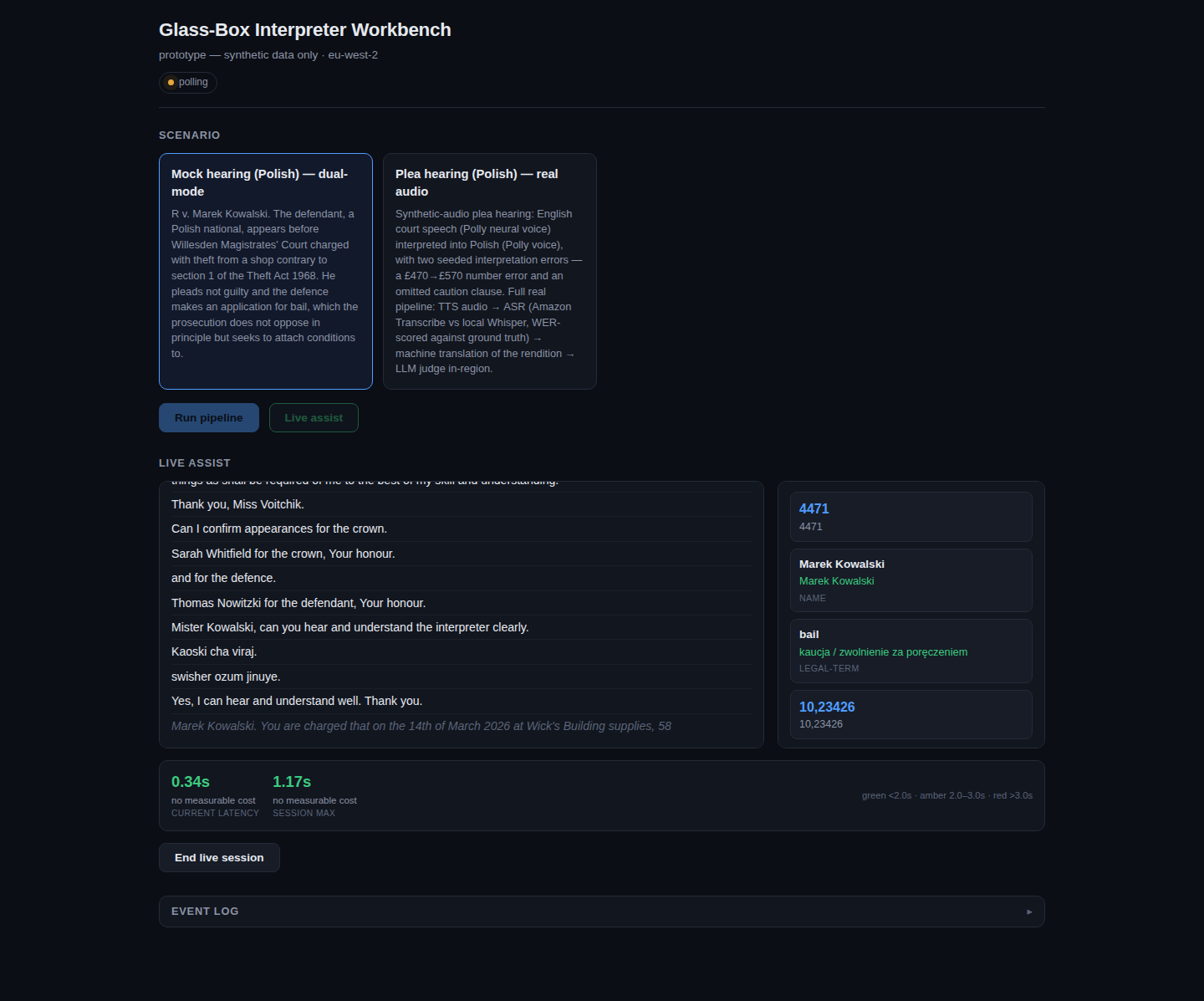 Live Assist console: rolling transcript, surfaced entities, latency meter